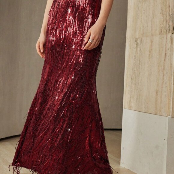 Red Elegant Women's Sequin Fringe Mermaid Evening Skirt - Picture 2 of 7